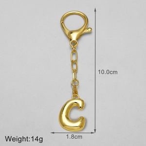 Detail view of 18k gold plated letter C keychain showing dimensions and 10cm total length