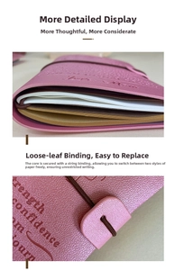 Pink faux leather journal with binding rope showing loose-leaf paper and embossed texture