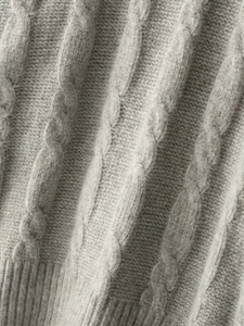 Close-up of grey cable knit texture showing detailed wool-like weave on the sweater