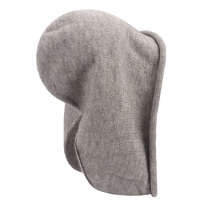 Detail shot of the gray knitted hood texture and thick winter fabric craftsmanship