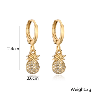 Detail view of 18K gold plated pineapple earrings with dimensions and 3g weight
