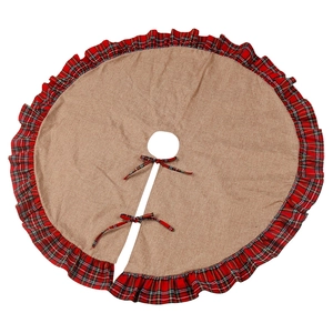 Linen Christmas tree skirt with red and green plaid pleated edges and tie fasteners