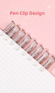 Detail of glitter gel pen caps with functional clips and sparkling silver glitter decoration
