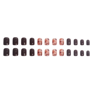 Short square press-on nails with dark brown and pink marble design and gold glitter accents