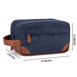 Detailed size view of the blue canvas and brown PU leather toiletry bag for men