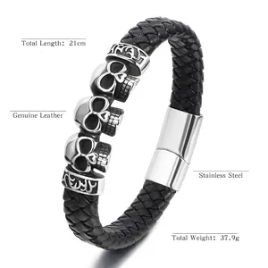 Punk men's braided leather bracelet with stainless steel skull charms and magnet clasp