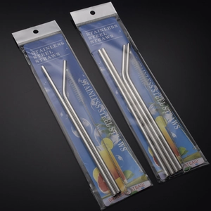 Silver stainless steel straw sets with cleaning brushes on blue graphic cards