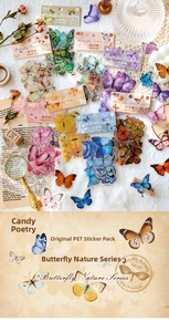 Macro detail of PET butterfly stickers with realistic textures for vintage scrapbooking