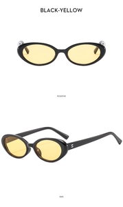 Front and side views of vintage oval sunglasses with black frames and yellow lenses