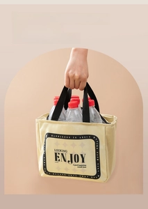 Large capacity insulated cream lunch bag showing internal space for six water bottles