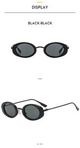 Front and 45-degree side view of vintage oval sunglasses with black frames and black lenses
