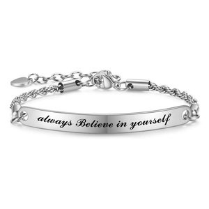 Adjustable stainless steel chain bracelet with 'Always Believe in Yourself' engraved plate