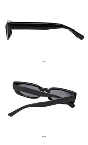 Detailed side and back views of trendy black rectangular frame sunglasses with dark lenses