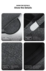 Detail of wool felt hat showing ear flaps, adjustable strap, and precise stitching