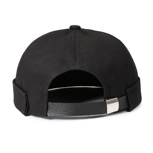 Unisex black Miki hat with adjustable grey leather back strap and metal buckle fastener