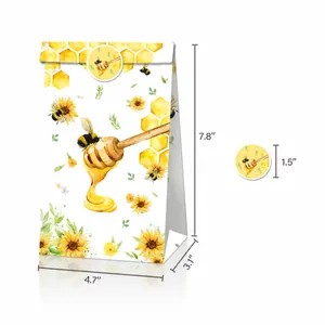 Detailed size chart of bee and sunflower paper gift bags with circular sealing stickers