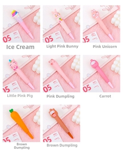 Close-up of eight cute cartoon gel pens featuring 3D animal and food charms for students