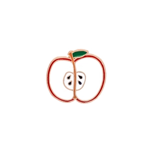 Detailed close-up of a red apple enamel pin with gold metal outlines and core detail