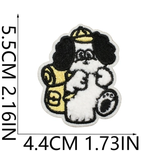 Cute embroidered dog patch with yellow backpack and vintage cartoon design for clothing