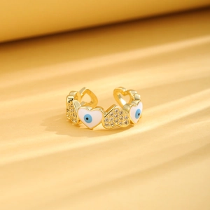 Adjustable 18K gold plated heart ring with white enamel evil eye and sparkling zircon stones