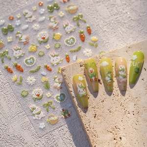 Autocollants ongles mignons lapin et carotte avec motifs 3D en vert et jaune pastel