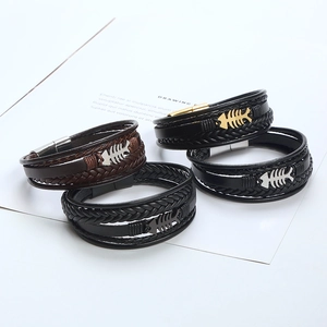 Men's multilayer braided leather bracelets with metallic fishbone charms in four colors