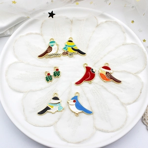 Set of 8 festive Christmas alloy enamel bird charms and holly pendants for DIY jewelry