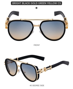 Detail view of double bridge aviator sunglasses with blue orange gradient lenses