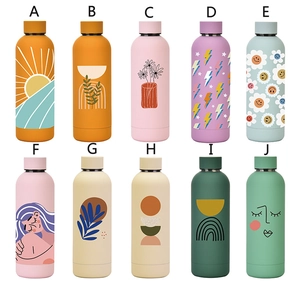 Various stainless steel insulated water bottles with colorful abstract art patterns