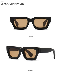 Front and 45-degree side views of black irregular square sunglasses with champagne lenses