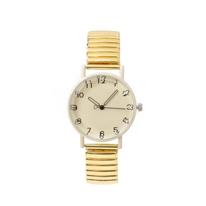 Women's vintage quartz watch with gold elastic metal strap and cream artistic dial