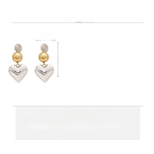Detail specifications of large geometric heart drop earrings with size and material info