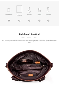 Large capacity leather shoulder bag with multi-pocket interior design for daily commute use.