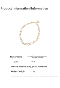 Détails d'un collier de perles plaqué or 40cm avec spécifications en alliage et strass