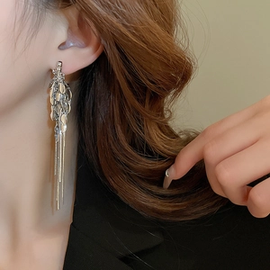 Close-up of model wearing silver tassel wheat ear earrings with metallic fringe design
