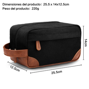 Dimensions of the black canvas and PU leather men's toiletry bag with handle.