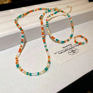 3-piece colorful handmade beaded jewelry set with necklace bracelet and ring for women