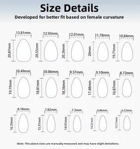 Size chart showing width and length for almond shape nude press-on gel nails in millimeters