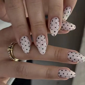 Press On Nails Almond Shape Polka Dot Pattern Black And White Glossy Finish ABS Material Artificial Nails