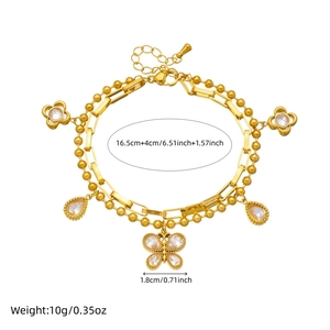 Double-layered 18K gold plated stainless steel bracelet with butterfly and zircon pendants