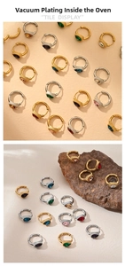 Détail de boucles d'oreilles en zircon coloré avec texture métal et finition dorée
