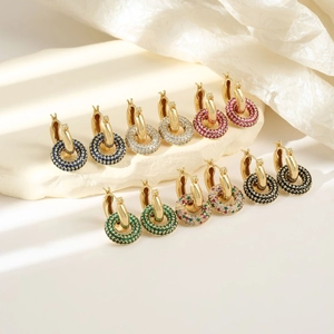Huggie Hoop Earrings With Micro Pave Zirconia Round Circle Pendant Copper Gold Plated Dangle Jewelry For Women
