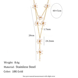 18K gold plated stainless steel double layer necklace with pearl flower and long tassels