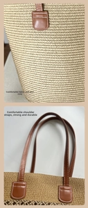 Detail of woven straw tote bag featuring brown leather handles and white contrast stitching