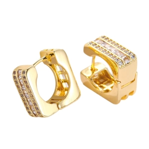 Elegant gold square hoop earrings with micro-set cubic zirconia on a white background