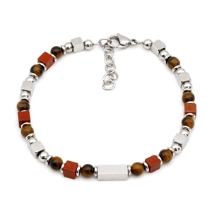 Tiger eye and red jasper beaded bracelet with silver metal charms and adjustable clasp