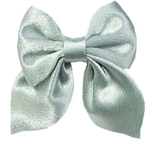 Handmade fabric bow hair clip in silver-green with a metallic glossy finish