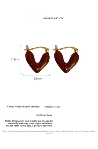 Detail showing red oil-drip heart earrings with alloy material and 1.9cm size specs