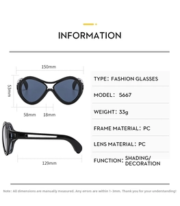 Detailed dimension guide for oversized black PC frame sunglasses with side temple measurements