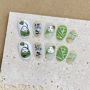 Handmade Press On Nails Dragon Boat Festival Theme Cute Cartoon Zongzi Design Green White Resin False Nails For Women